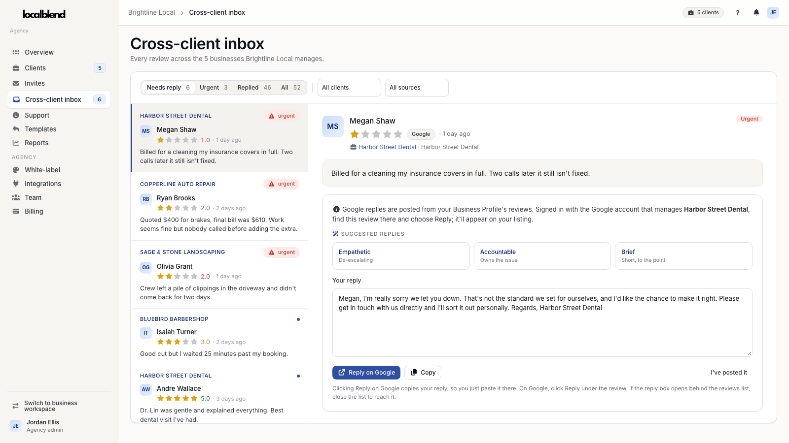 The Localblend cross-client inbox: reviews from five client businesses, with a suggested reply to a 1-star review