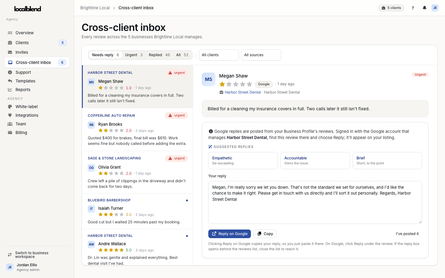 Work every client's reviews from one inbox: Reputation management software for agencies